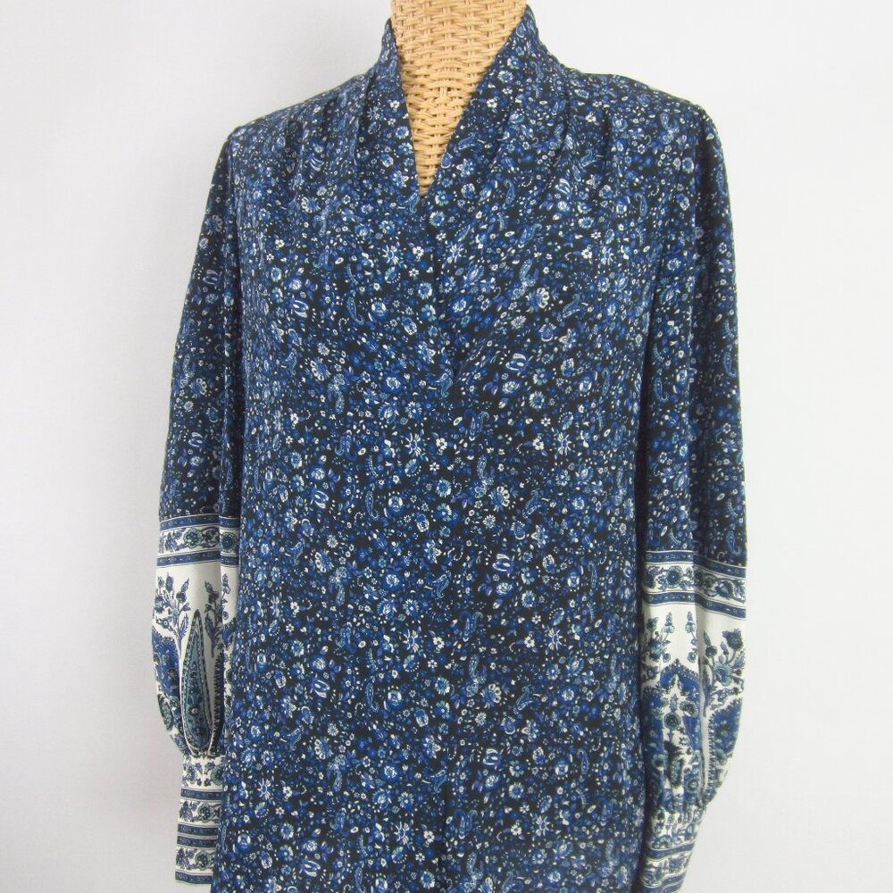 Kobi Halperin Women XS Blue Ivory Provincial Floral Paisley Silk LS Shirt Top